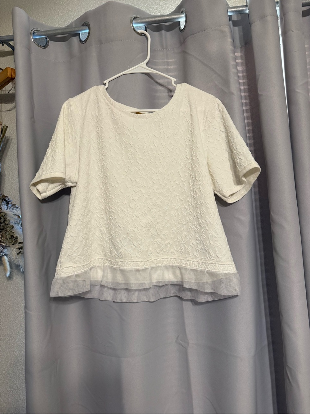 Takara Cream Short-Sleeve Textured Top with Sheer Layered Hem